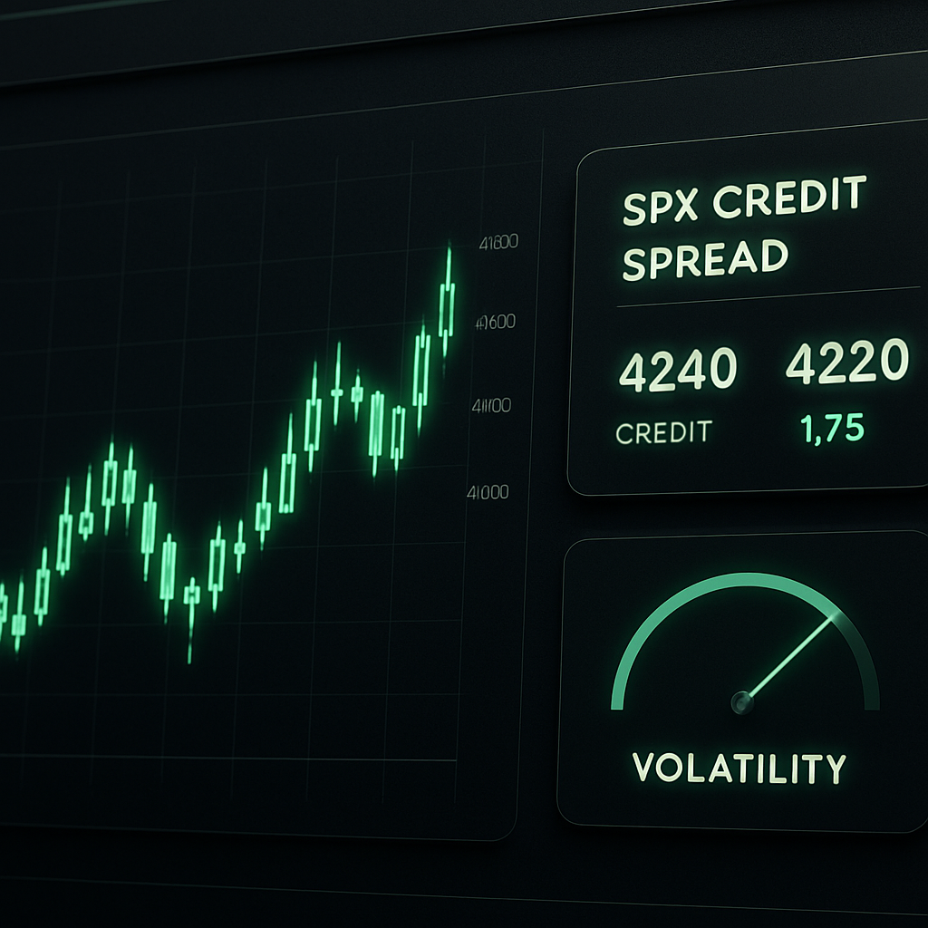 CreditSpread trading terminal showing a credit spread and calendar spread signal, candlestick chart and volatility gauge